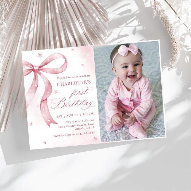 Invitation Pink Bow Girl 1st Birthday Party Photo (Créateur téléchargé)