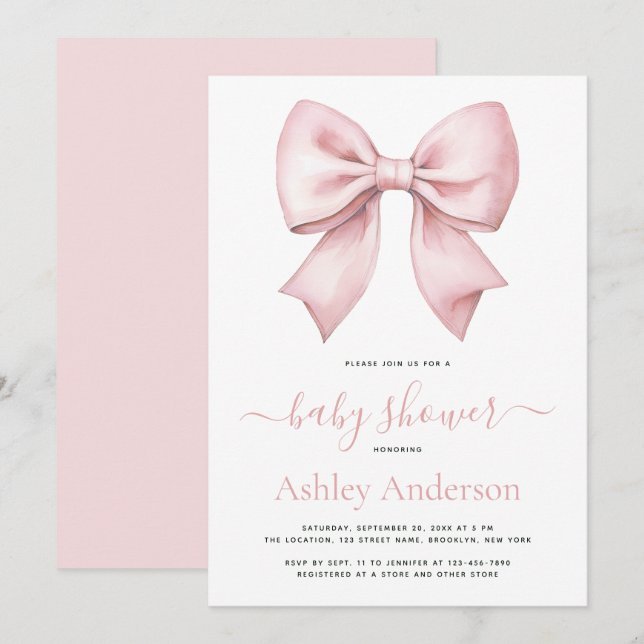 Invitation Pink Bow Girl Baby Shower (Devant / Derrière)