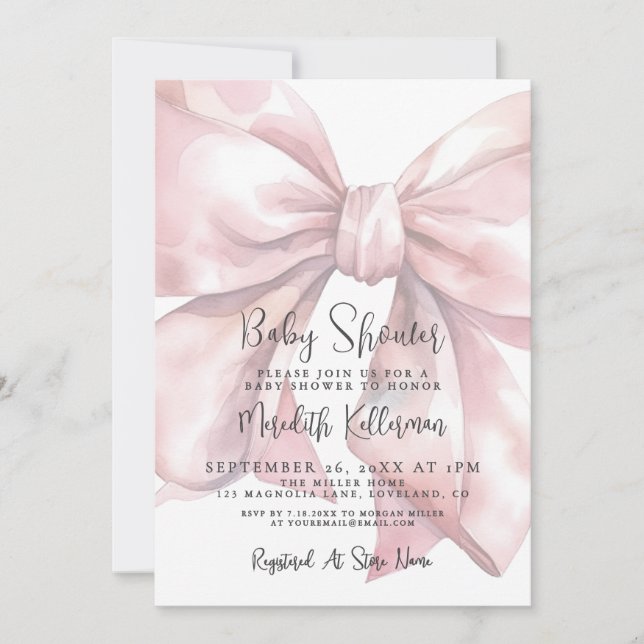 Invitation Pink Bow Girl Baby Shower (Devant)