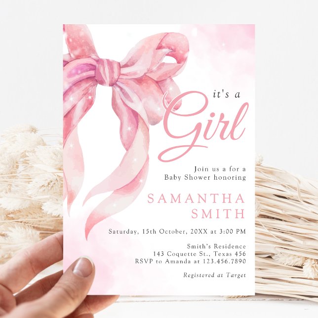 Invitation Pink Bow Girl Baby Shower (Pink Bow Coquette Girl Baby Shower Invitation)