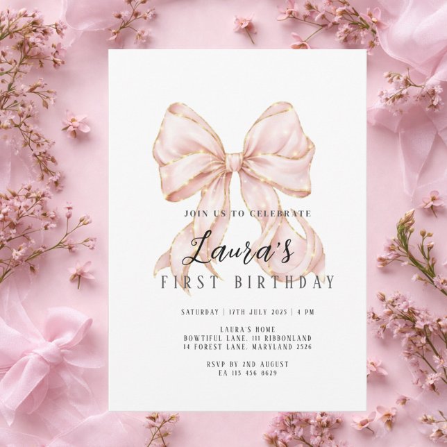 Invitation Pink Bow Girl First Birthday  (Créateur téléchargé)