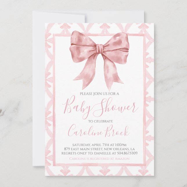 Invitation Pink Bow Girl Preppy Baby shower Sud (Devant)