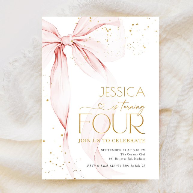 Invitation Pink Bow Girls 4th Birthday  (Créateur téléchargé)