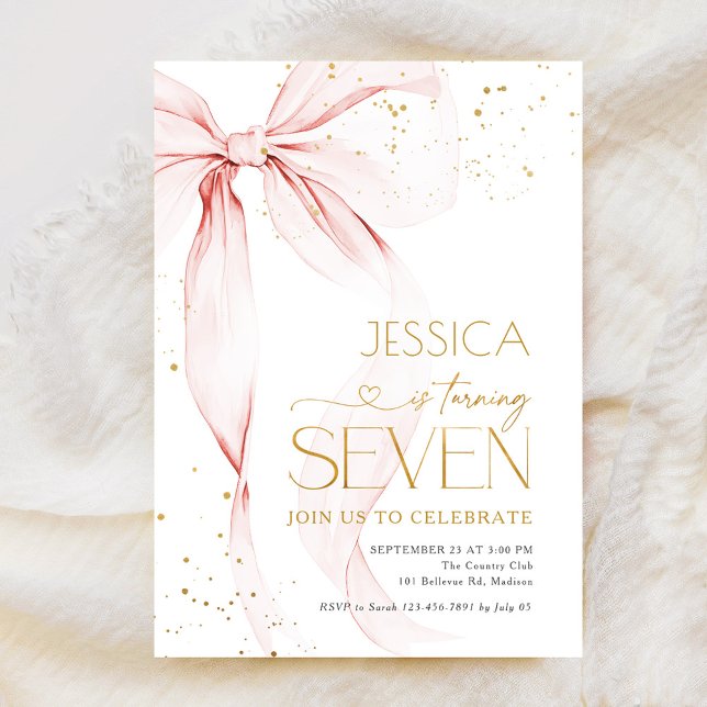 Invitation Pink Bow Girls 7th Birthday  (Créateur téléchargé)