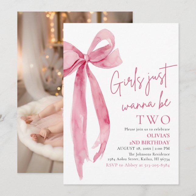 Invitation Pink Bow Girls Veut Juste Être Deux 2e Anniversair (Devant / Derrière)