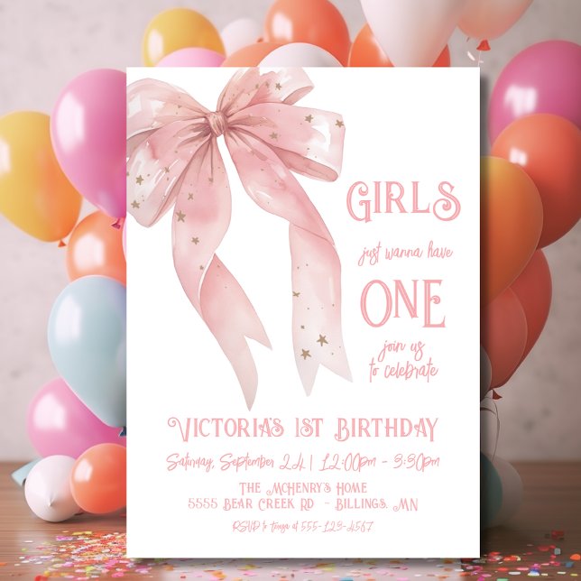 Invitation Pink Bow Girls veut juste être un 1er anniversaire (Créateur téléchargé)