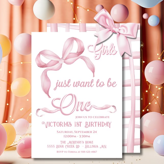 Invitation Pink Bow Girls veut juste être un anniversaire (Créateur téléchargé)
