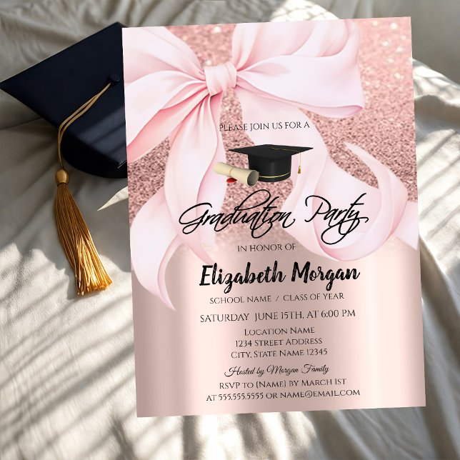 Invitation Pink Bow Grad Cap Rose Gold Glitter Graduation (Créateur téléchargé)