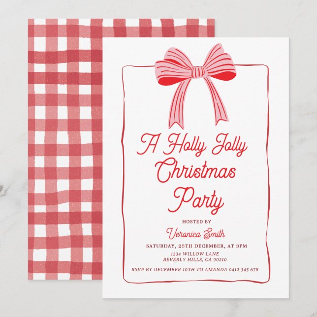 Invitation Pink Bow Holly Holiday Party Festive (Devant / Derrière)