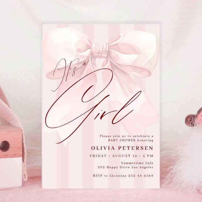 Invitation Pink bow its a girl script girl baby shower (Créateur téléchargé)
