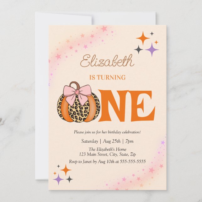Invitation Pink Bow Leopard Citrouille fille 1er anniversaire (Devant)