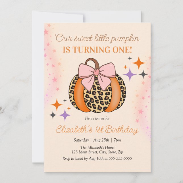 Invitation Pink Bow Leopard Little Sweet Citrouille Anniversa (Devant)