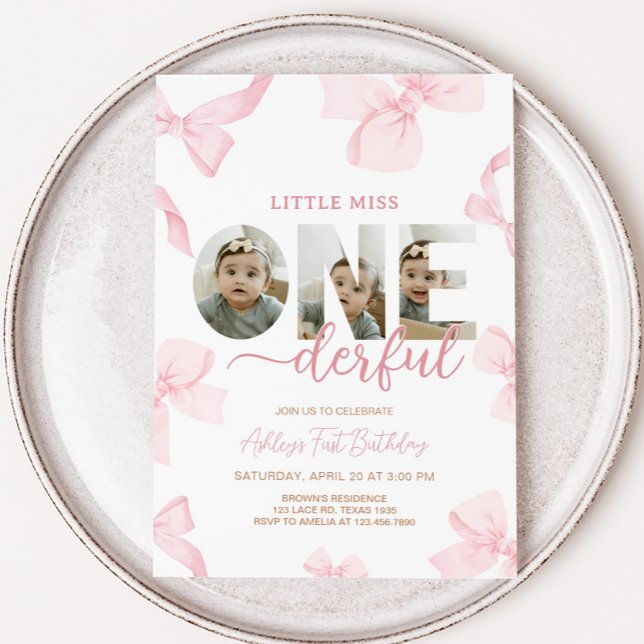Invitation Pink Bow Little Miss Photo Anniversaire (Pink Little Miss Onederful Photo Birthday Party Invitation)