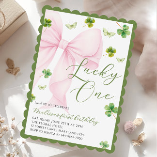 Invitation Pink Bow Lucky One Shamrock Clover 1st Birthday