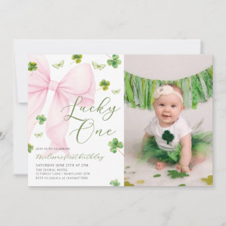 Invitation Pink Bow Lucky One Shamrock Clover 1st Birthday   