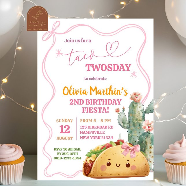 Invitation Pink Bow Mexicaine Taco Twosday 2e anniversaire fi (Créateur téléchargé)
