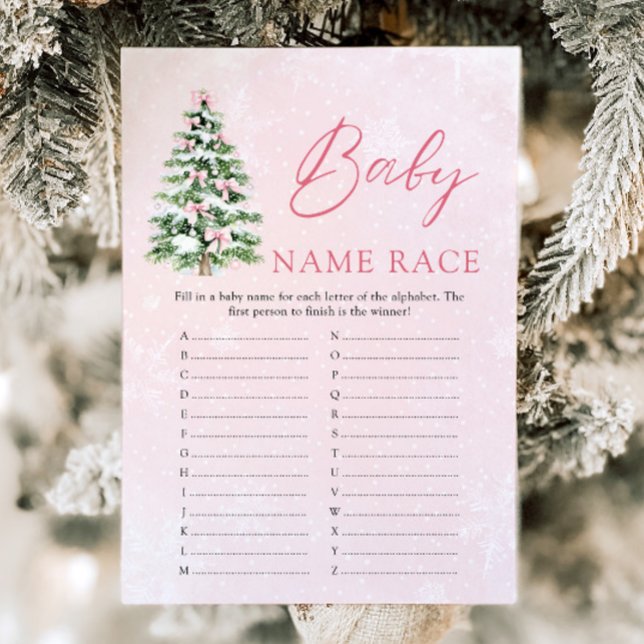 Invitation Pink Bow Noël Baby Name Race Baby shower Jeu (Pink Bow Christmas Baby Name Race Baby Shower Game)