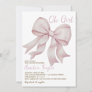 Invitation Pink Bow Oh Girl Baby shower élégant