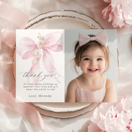 Invitation Pink Bow Onedering Floral Photo Anniversaire Merci