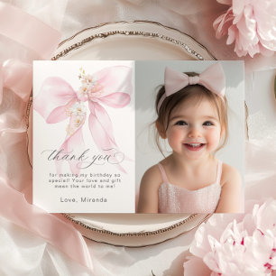 Invitation Pink Bow Onedering Floral Photo Anniversaire Merci