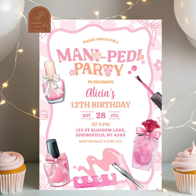 Invitation Pink Bow Pastel Retro Mani Pedi Party Birthday (Créateur téléchargé)