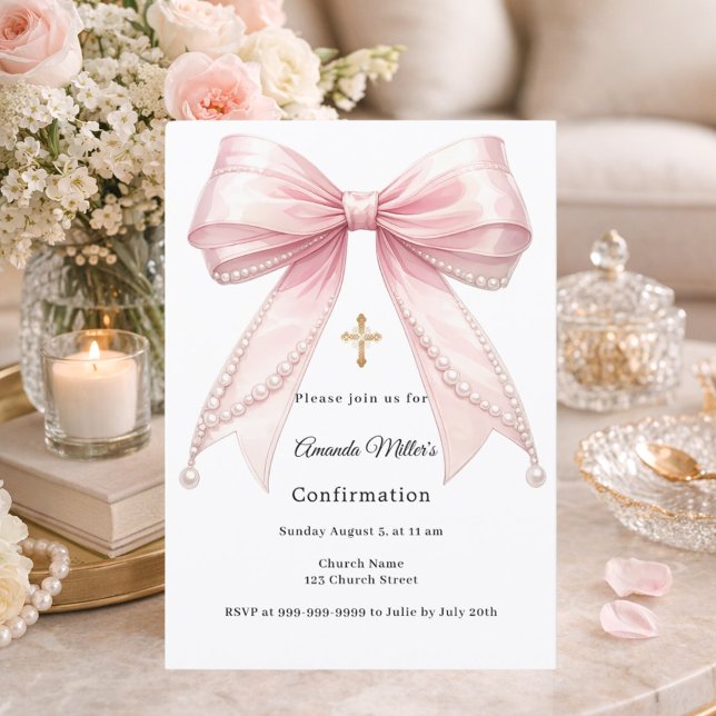 Invitation Pink bow pearls girl elegant Confirmation (Créateur téléchargé)