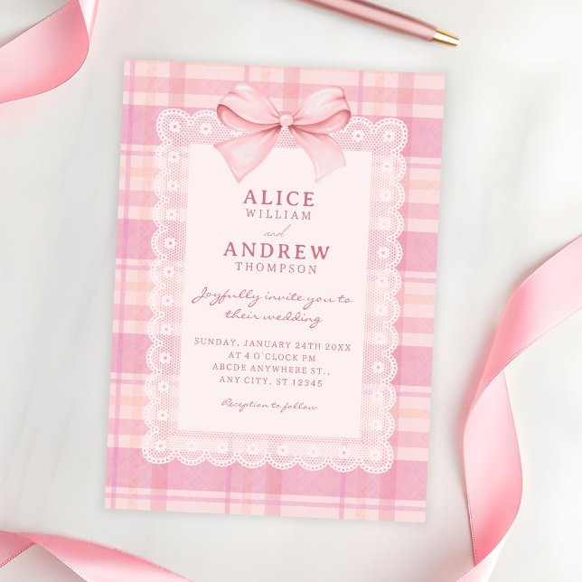 Invitation Pink bow plaid wedding (Créateur téléchargé)