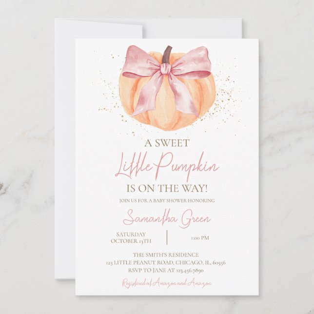 Invitation Pink Bow Pumpkin Baby Shower (Devant)