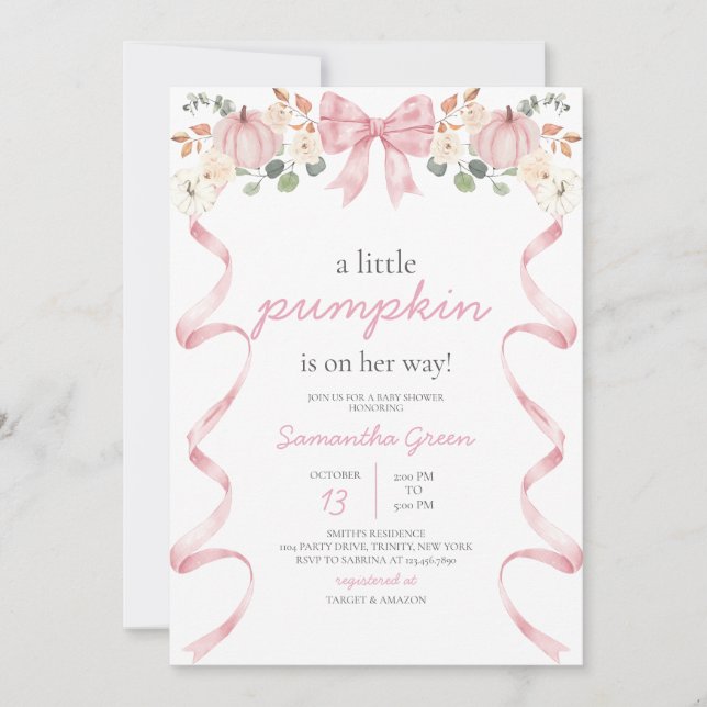 Invitation Pink Bow Pumpkin Baby Shower (Devant)