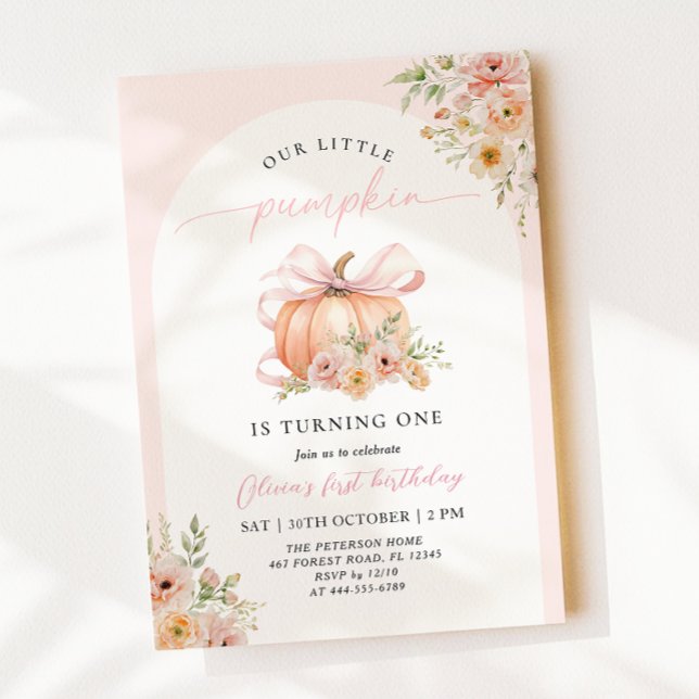Invitation Pink Bow Pumpkin Floral First Birthday (Créateur téléchargé)