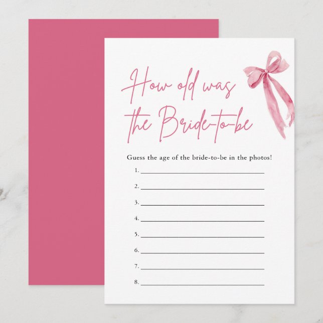 Invitation Pink Bow Quel âge a été la mariée Fête des mariées (Devant / Derrière)