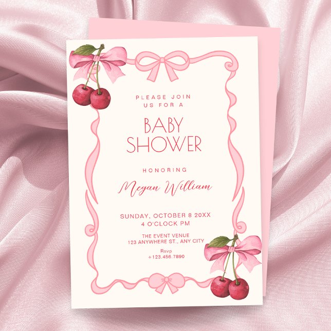 Invitation Pink bow ribbon cherry baby shower (Créateur téléchargé)
