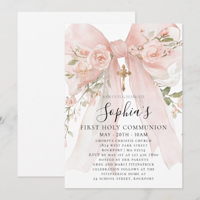 Invitation Pink Bow Rose Floral Girl First Communion (Devant / Derrière)