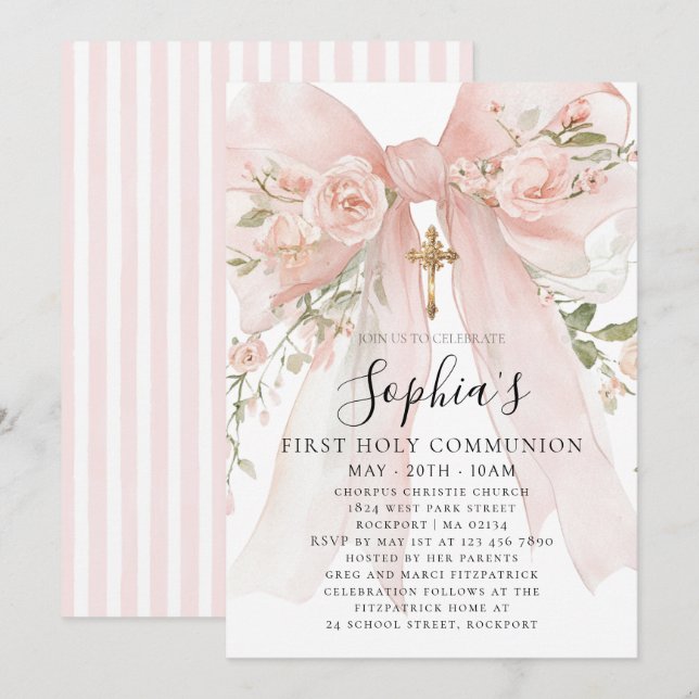 Invitation Pink Bow Rose Floral Girl First Communion (Devant / Derrière)