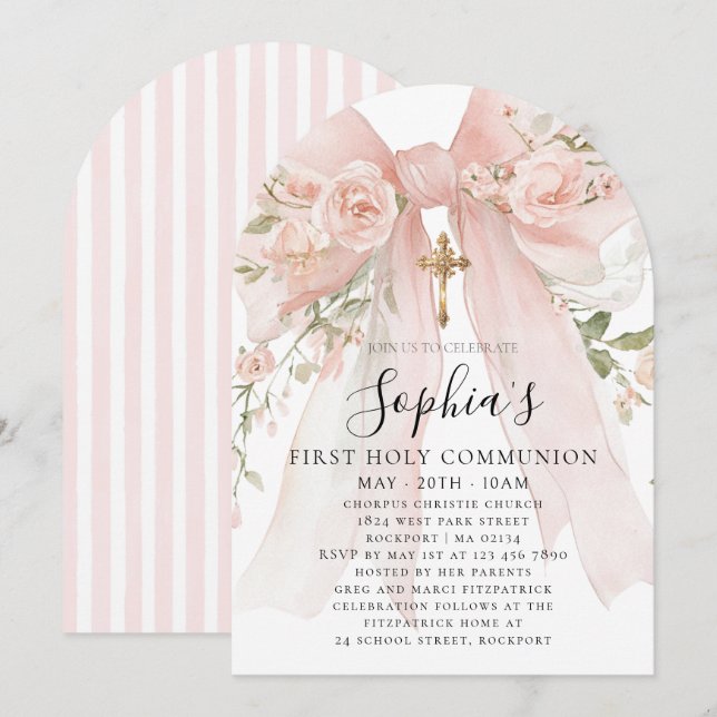 Invitation Pink Bow Rose Floral Girl First Communion Arch (Devant / Derrière)