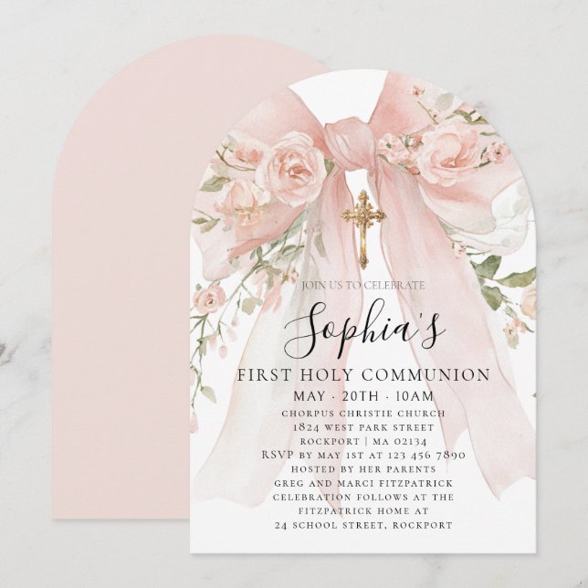 Invitation Pink Bow Rose Floral Girl First Communion Arch (Devant / Derrière)