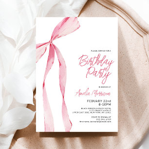 Invitation Pink Bow Ruban fête d'anniversaire Script