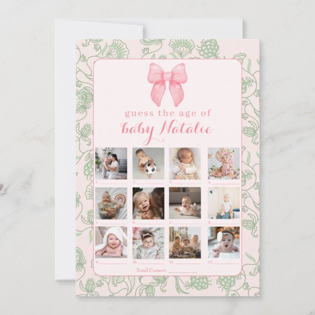 Invitation Pink Bow Sage Green Baby Girl Douche Jeu (Devant)