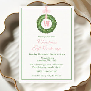 Invitation Pink Bow Sash Noël Monogramme Wreath Party