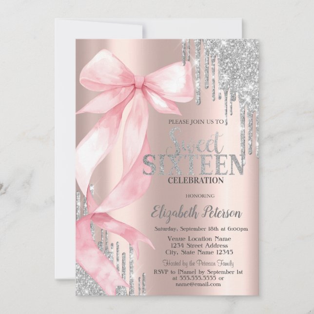 Invitation Pink Bow Silver Glitter Drips Rose Gold Sweet 16 (Devant)