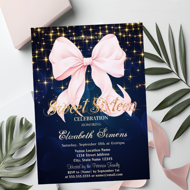 Invitation Pink Bow Sparkle Navy Blue (Créateur téléchargé)