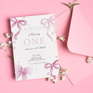 Invitation Pink Bow Watercolor Girl 1er anniversaire