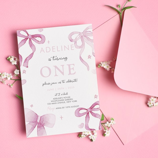 Invitation Pink Bow Watercolor Girl 1er anniversaire (Pink Bow Watercolor Girl 1st Birthday Party Invitation Girl Birthday Party Digital Template Download)