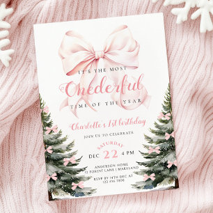 Invitation Pink Bow Winter Onerderland Girl 1er anniversaire