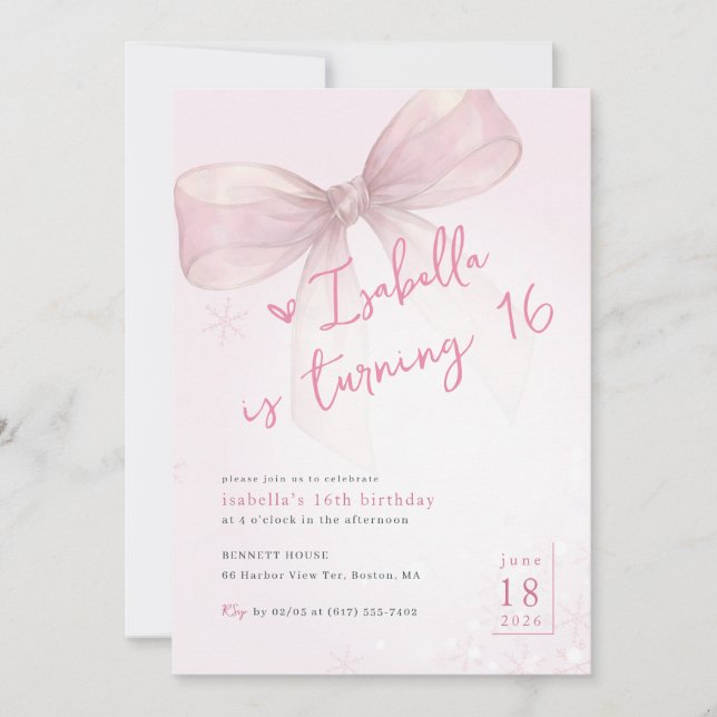 Invitation Pink Bow Winter Snowflake Girl 16th Birthday (Devant)