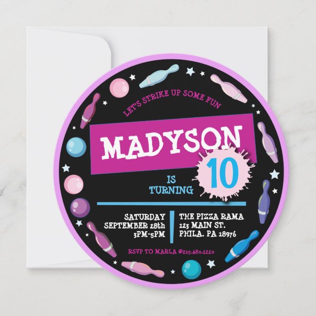 Invitation PINK BOWLING BALL NEON Anniversaire Fête Invitatio (Devant)