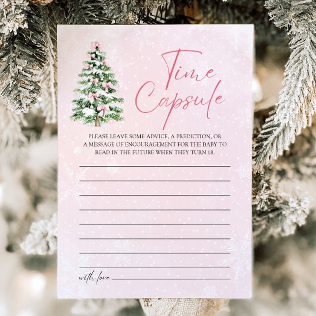 Invitation Pink Bows Noël Baby shower du temps Capsule Jeu (Pink Bows Christmas Baby Shower Time Capsule Game)