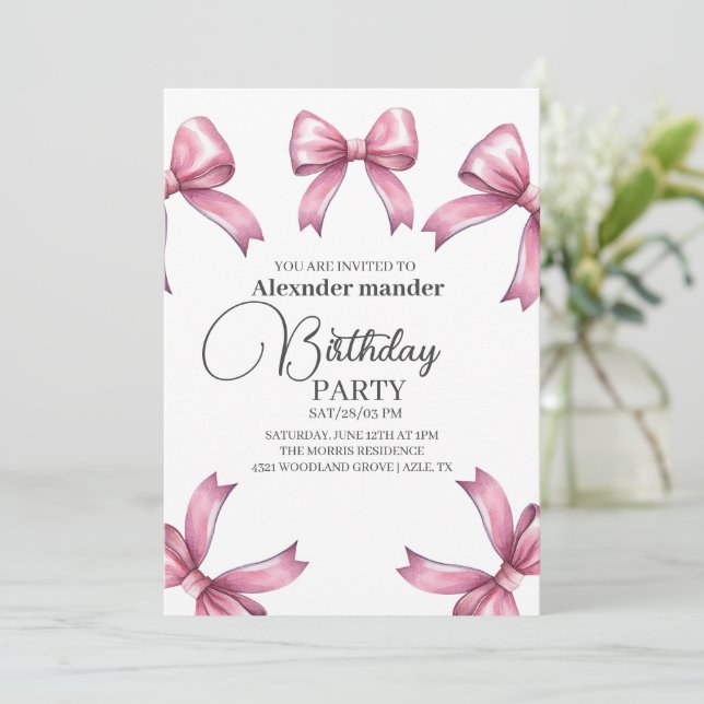 Invitation Pink Bows tendance Fille Anniversaire (Debout devant)