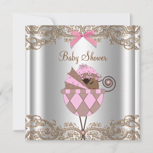 Invitation Pink Brown dentelle Africaine Américaine Baby Girl (Devant)