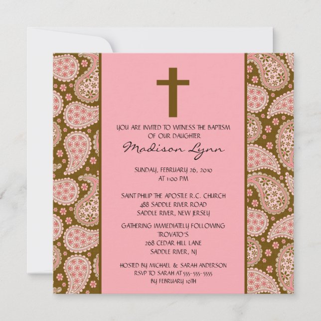 Invitation PINK & BROWN PAISLEY Baby Girl Baptisée Inviation (Devant)